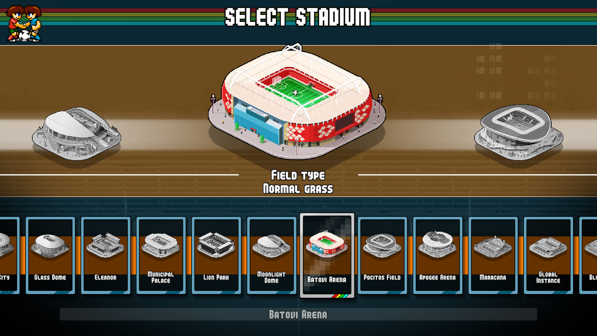 Pixel Cup Soccer - Ultimate — menu wyboru stadionu w stylu retro arcade