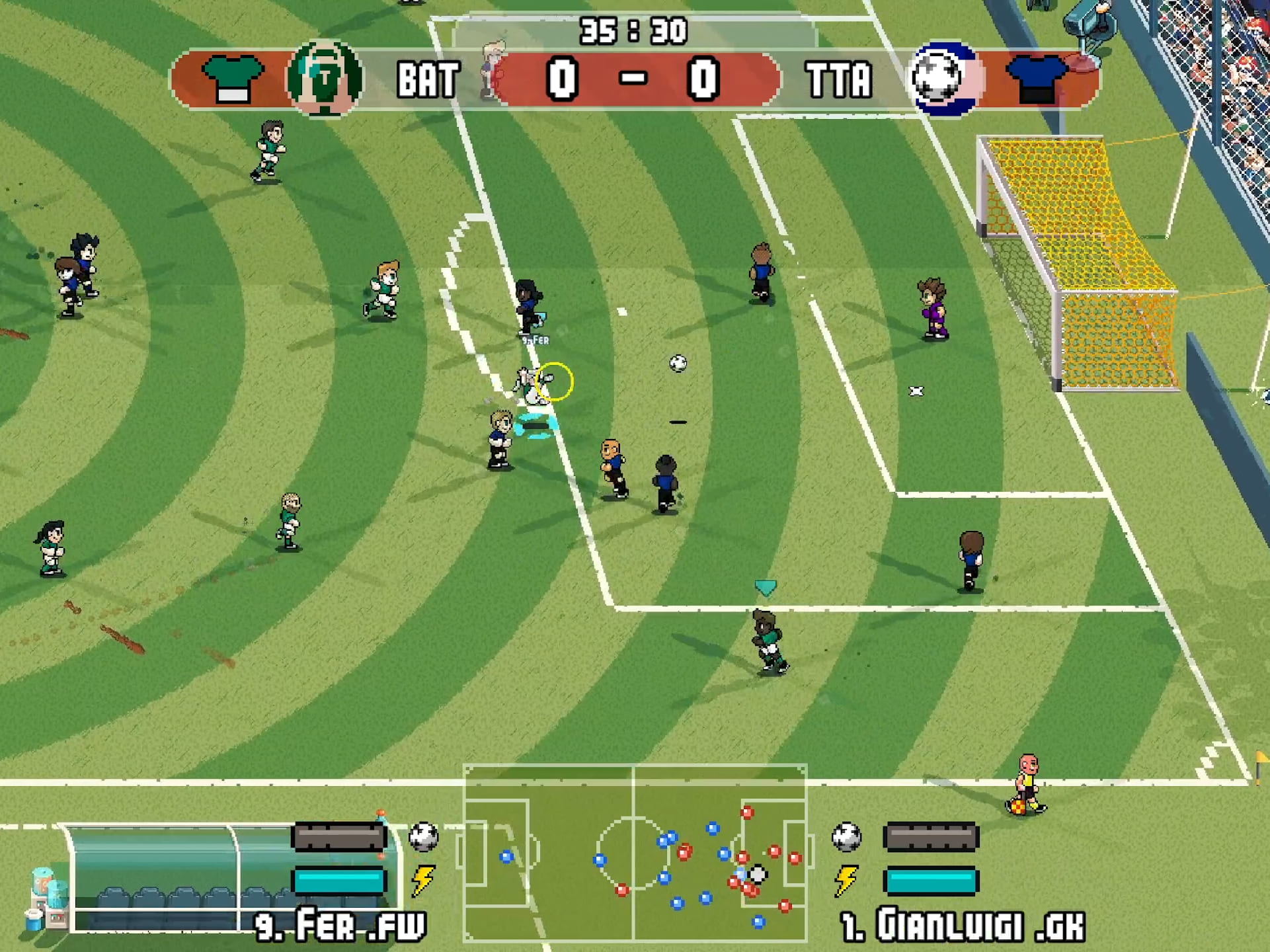 Pixel Cup Soccer - Ultimate — ekran menedżera klubu z opcjami zarządzania drużyną