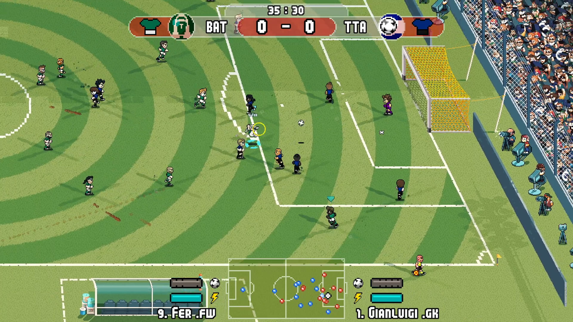 Pixel Cup Soccer - Ultimate — panel taktyczny z ustawieniami drużyny